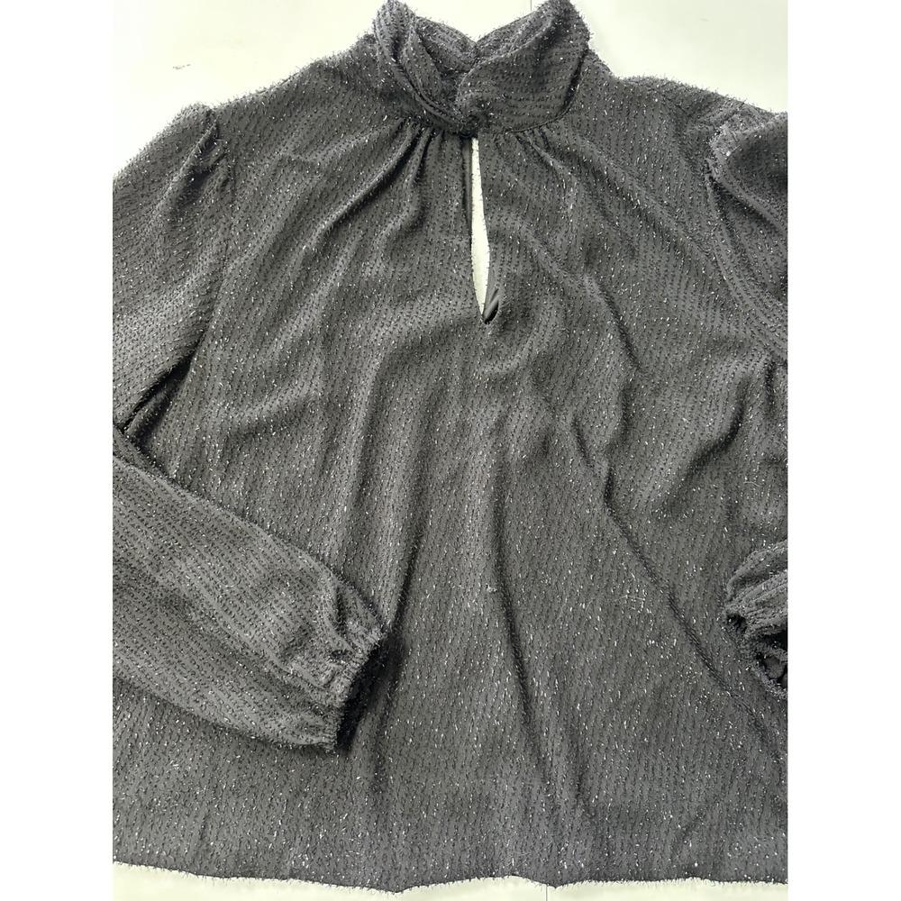 Nine West Black Metallic Textured Keyhole Mock Neck Blouse Large Holiday Evening